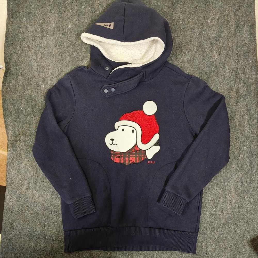 HUM Human United Movement Navy Blue Dog Graphic Sherpa Lined Hoodie Womens L